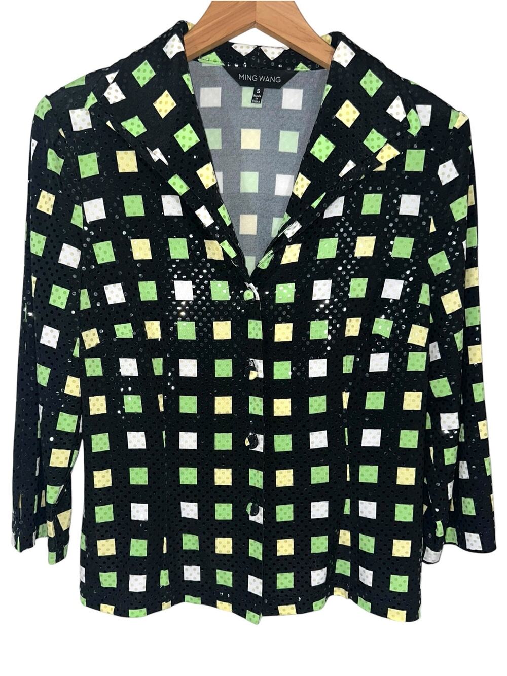 Ming Wang Black Green Geometric Retro Mod Checkered Sequin Button Front Jacket S